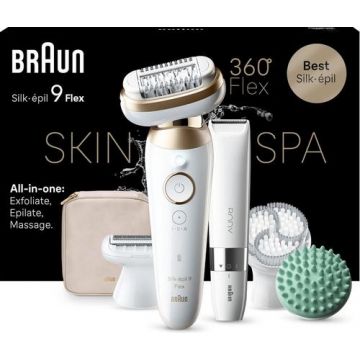 Epilator Braun SES9-481 Silk épil 9 Flex SkinSpa 3D, 40 micro pensete, Autonomie 50 minute, Wet&Dry, Smart Light, Smart Touch (Alb/Auriu)