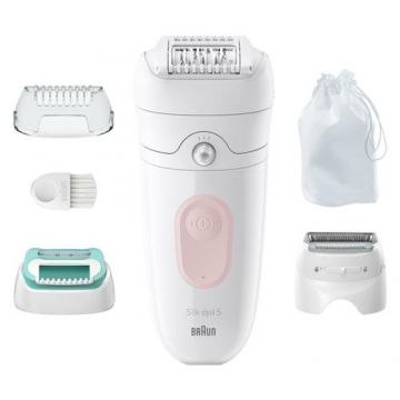 Epilator Braun Silk-epil 5 5-050 Wet & Dry, MicroGrip, Smart Light, 28 de pensete, 2 viteze, Cap de ras + Pieptene, Cap pentru incepatori, Saculet de voiaj (Alb/Roz)