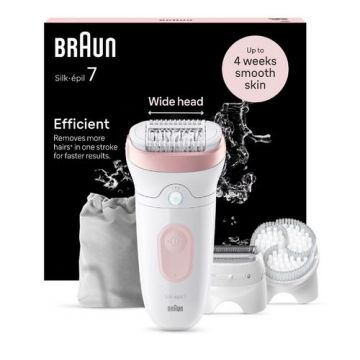 Epilator Braun Silk-épil 7 7-060 SkinSpa, Wet & Dry, MicroGrip, Smart Light, 40 de pensete, 2 viteze, Cap de ras + Pieptene, 1 Cap pentru exfoliere, 1 Capac, Saculet de voiaj (Alb/Roz)