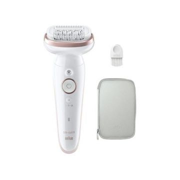 Epilator Braun Silk-epil 9 9-000 Wet & Dry, MicroGrip, Smart Light, 2 viteze, 40 pensete, Geanta de voiaj (Alb/Roz)