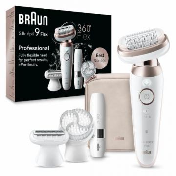 Epilator Braun Silk-epil 9 Flex 9-360, Wet & Dry, Smart Touch, 40 de pensete, 2 viteze, Mini aparat pentru indepartare par facial (Alb/Roz)