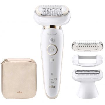 Epilator Braun Silk-epil 9 Flex 9002, 40 pensete, 2 viteze, Umed/Uscat, Alb/Auriu
