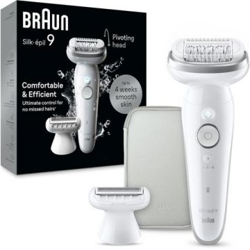 Epilator Braun Silk-epil 9 SES9-041, SensoSmart, Wet & Dry, MicroGrip, Smart Light, 2 Viteze, Geanta de voiaj (Alb/Argintiu)