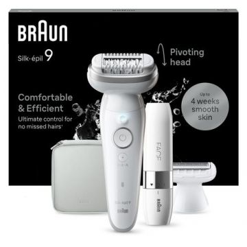 Epilator Braun Silk-epil 9 SES9-341, 40 pensete, 2 viteze, 5 accesorii, SmartLight, MicroGrip, Wet&Dry, acumulator (Alb/Argintiu)
