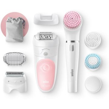 Epilator Braun Silk-epil Beauty Set 5 5895 Starter Kit 5-in-1, , Tehnologie SensoSmart, Cap de ras, Set pentru curatare fata si corp, Alb/Roz