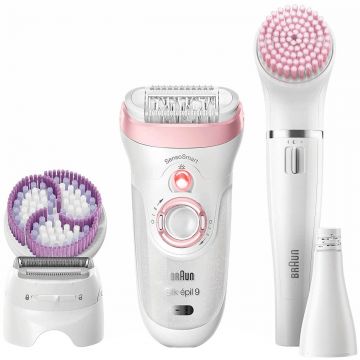 Epilator Braun Silk-epil Beauty Set 9 9-975, 40 pensete, 2 viteze, Umed/Uscat, Alb