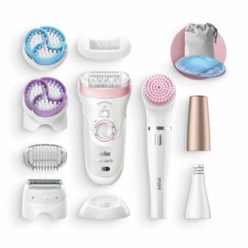 Epilator Braun Silk-epil Beauty Set 9 9/985, 40 pensete, 2 viteze, Umed/Uscat (Alb/Roz)