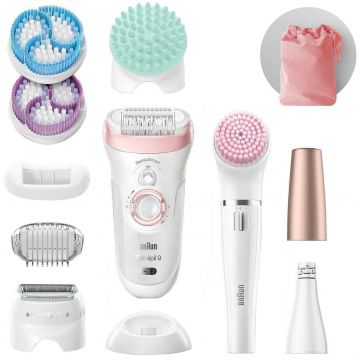 Epilator Braun Silk-epil Beauty Set 9 9/985, 40 pensete, 2 viteze, Umed/Uscat, Alb/ Roz