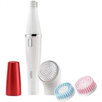 Epilator facial Braun 852 Face + Perie de curatare faciala, 10 microorificii, Alb/Rosu