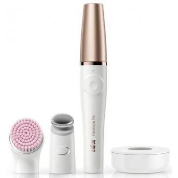 Epilator facial Braun FaceSpa Pro 912 3-in-1, 10 pensete micro, 25 micro vibratii pe secunda (Alb/Bronz)