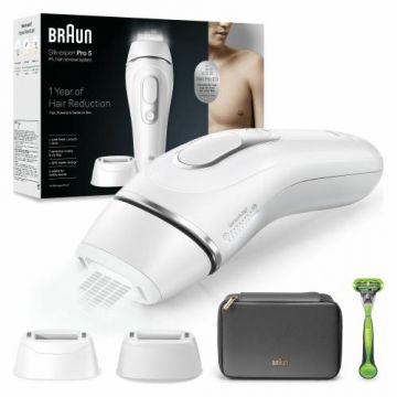 Epilator IPL Braun Silk-expert PRO 5 PL5145 Senzor automat & continuu Skin pro 2.0, 400.000 impulsuri, 10 niveluri de intensitate, 125 de impulsuri pe minut, cap lat, Trusa de voiaj, Aparat de ras Gillette (Alb)