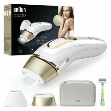 Epilator IPL BRAUN Silk-expert Pro 5 PL5152, 400000 impulsuri, 10 viteze, 3 accesorii, SkinPro 2.0, reatea (Alb/Auriu)