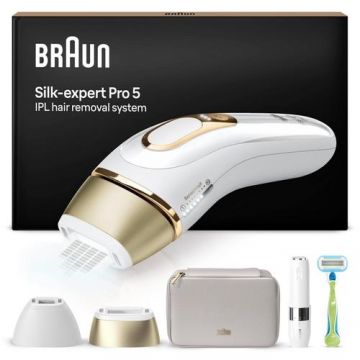 Epilator IPL Braun Silk-expert Pro 5 PL5156, 400.000 impulsuri, 3 intensitati (Alb/Auriu)
