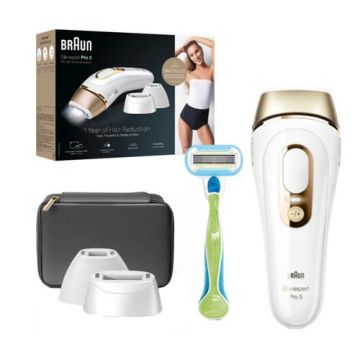 Epilator IPL BRAUN Silk-expert Pro 5 PL5242, 400000 impulsuri, 10 viteze, 4 accesorii, SkinPro 2.0, retea (Alb/Auriu)