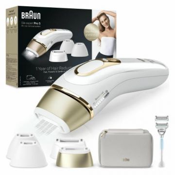 Epilator IPL Braun Silk-expert Pro 5 PL5356, 3 moduri, 10 intensitati, 400.000 pulsatii, Tehnologia SkinPro 2.0 (Auriu/Alb)