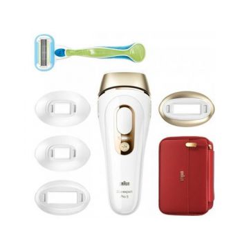 Epilator IPL Braun Silk-expert PRO 5 PL5382 Senzor automat & continuu Skin pro 2.0, 400.000 impulsuri, 10 niveluri de intensitate, 125 de impulsuri pe minut, 2 Capete de precizie, 1 Cap lat, Trusa de voiaj, Aparat de ras Venus (Alb/Auriu)
