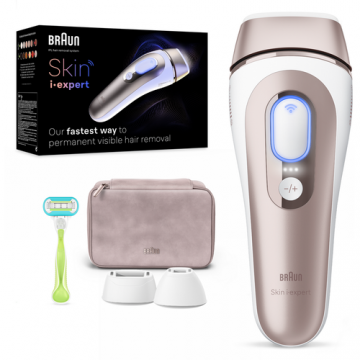 Epilator IPL Braun Skin iExpert PRO 7 PL7253 Tehnologie Skin iExpert, Feedback in timp real, 400.000 impulsuri, 10 niveluri de intensitate, 125 de impulsuri pe minut, Cap de precizie, Cap lat, Trusa de voiaj (Alb/Roz)