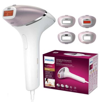 Epilator IPL Philips Lumea Seria 8000 BRI947/00, Senzor Smartskin, Tehnologie SenseIQ, Utilizare cu fir, 450.000 impusuri, Accesoriu fata/corp, Alb/Roz