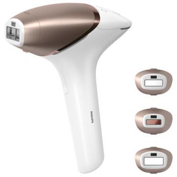 Epilator IPL Philips Lumea Seria 9900 BRI973/00, Senzor Smartskin, tehnologie SenseIQ, conectare la aplicatie cu functii Skin AI, utilizare cu sau fara fir, 450.000 impusuri, accesoriu fata, corp, precizie (Rose Gold/Alb)