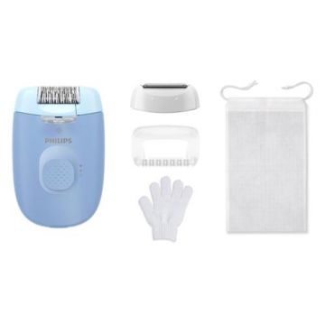 Epilator Philips Seria 4000 BRE247/00, 2 setari de viteza, cap de epilare lavabil, 4 accesorii, lumina LED (Albastru)