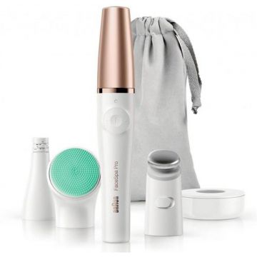 Epilator si curatitor facial Braun Pro 913 FaceSpa, Cap cu microvibratii (Alb/Bronz)