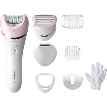 Epilator umed si uscat Philips Seria 8000 BRE721/00, 8 accesorii, 32 pensete, Utilizare fara fir, 2 setari viteza, opti-light, Discuri ceramice, Argintiu