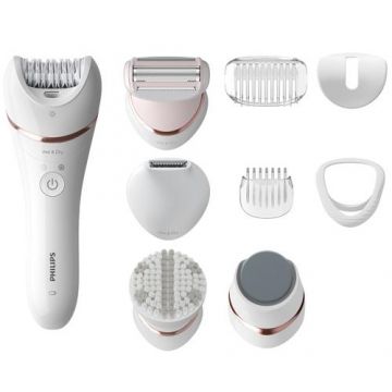 Epilator umed si uscat Philips Seria 9000 BRE740/90, 12 accesorii, 32 pensete, utilizare fara fir, 2 setari de viteza, opti-light, discuri ceramice (Argintiu)