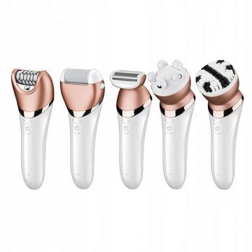 Epilator wireless 5 in 1: epilator, aparat de barbierit pentru zonele sensibile, perie exfolianta, perie faciala, aparat de masaj, cu acumulator 1400 mAh si utilizare pana la 90 de minute Epilator wireless 5 in 1: epilator, aparat de barbierit pentru zonele sensibile, perie exfolianta, perie faciala, aparat de masaj, cu acumulator 1400 mAh si utilizare pana la 90 de minute