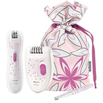 Set de epilare Philips Trio Smooth Bonus Edition HP6550/00, 20 puncte de prindere, 1 viteza, Alb/Mov
