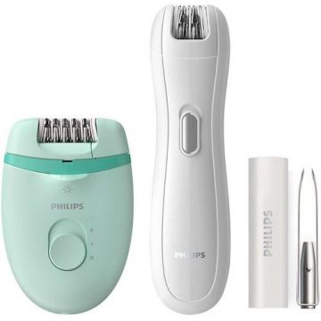 Set epilator Philips Satinelle BRP529/00, 2 setari de viteza, tehnologie Opti-light, mini epilator inclus, penseta cu lumina si oglinda integrate (Turcoaz)