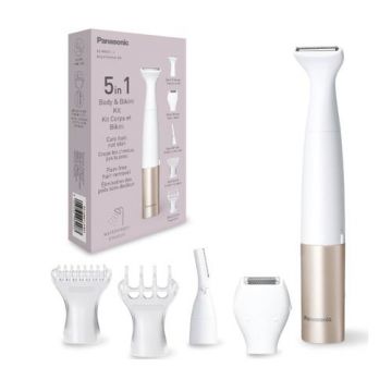 Trimmer 5in1 Panasonic ES-WM31-P301, pentru corp cu accesorii interschimbabile, Wet & Dry, lame otel inoxidabil hipoalergenic si rotunjite pe margini (Roz/Alb)